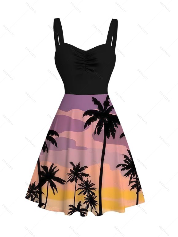 Vacation Couple Outfit Coconut Tree Print Colorblock Ruched Dress and Shirt Set - Grenade rouge S | US 4