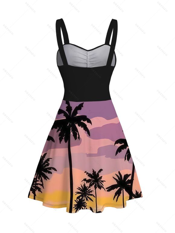 Vacation Couple Outfit Coconut Tree Print Colorblock Ruched Dress and Shirt Set - Grenade rouge S | US 4