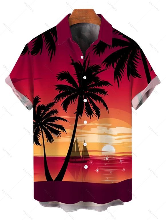 Vacation Couple Outfit Coconut Tree Sunset Print Ruched Belt Dress and Shirt Set - Grenade rouge S | US 4