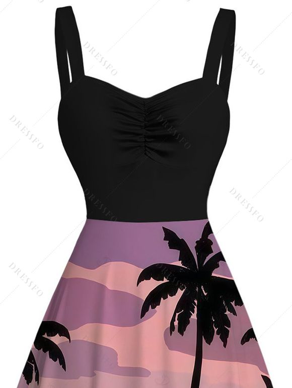 Robe de vacances à imprimé cocotier et buste froncé colorblock - Violet clair XXXXXL | US 20