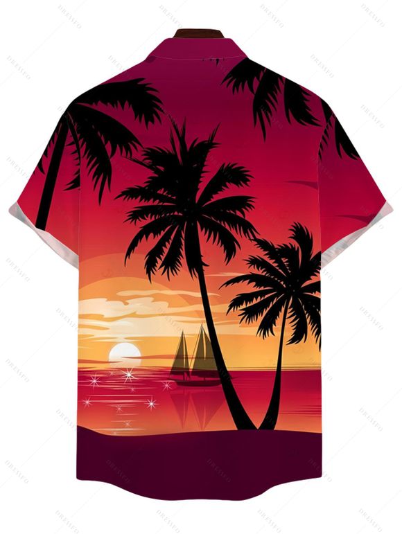 Chemise de vacances pour homme, imprimé coucher de soleil sur un cocotier, à boutons - Grenade rouge 5XL