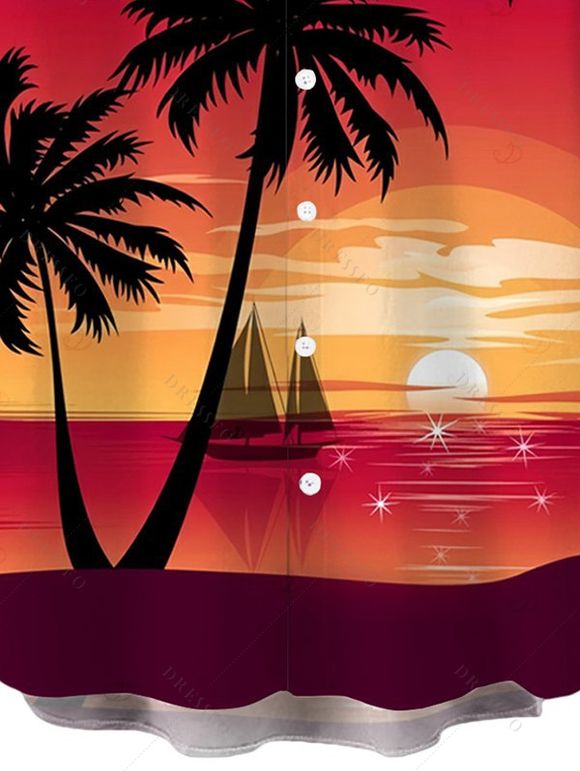 Chemise de vacances pour homme, imprimé coucher de soleil sur un cocotier, à boutons - Grenade rouge 5XL