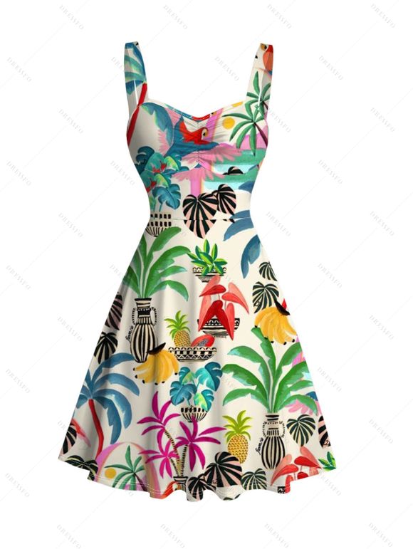 Vacation Couple Outfit Colored Coconut Tree Pineapple Print Ruched Dress and Shirt Set - multicolor A S | US 4