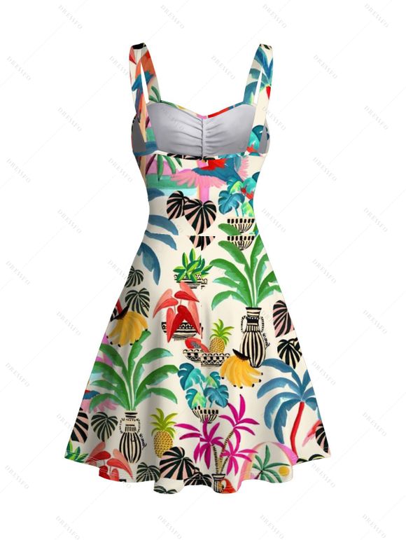 Vacation Couple Outfit Colored Coconut Tree Pineapple Print Ruched Dress and Shirt Set - multicolor A S | US 4