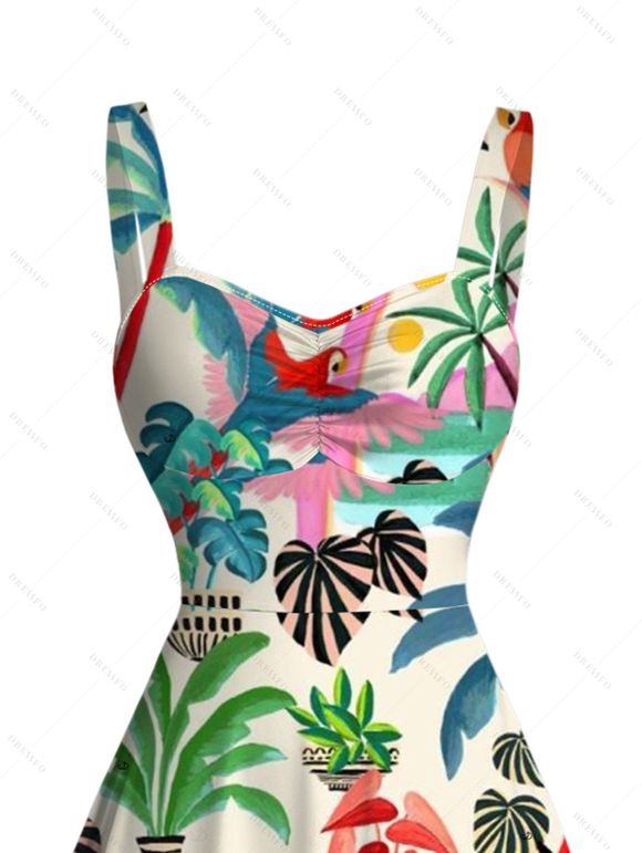 Vacation Couple Outfit Colored Coconut Tree Pineapple Print Ruched Dress and Shirt Set - multicolor A S | US 4