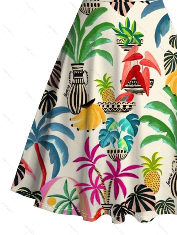 Vacation Couple Outfit Colored Coconut Tree Pineapple Print Ruched Dress and Shirt Set - multicolor A S | US 4