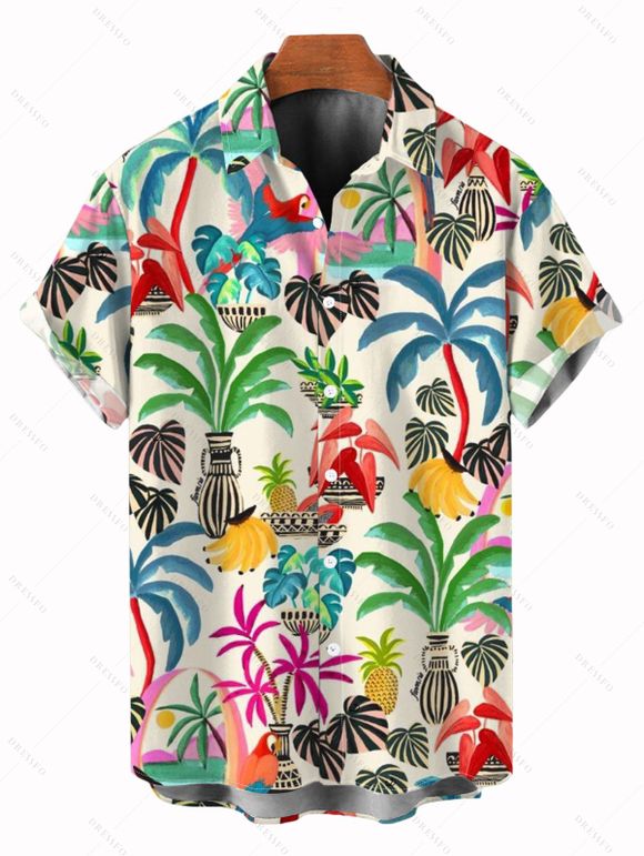 Vacation Couple Outfit Colored Coconut Tree Pineapple Print Ruched Dress and Shirt Set - multicolor A S | US 4