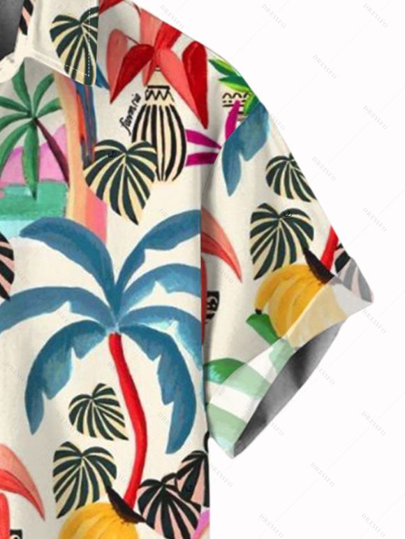 Vacation Couple Outfit Colored Coconut Tree Pineapple Print Ruched Dress and Shirt Set - multicolor A S | US 4