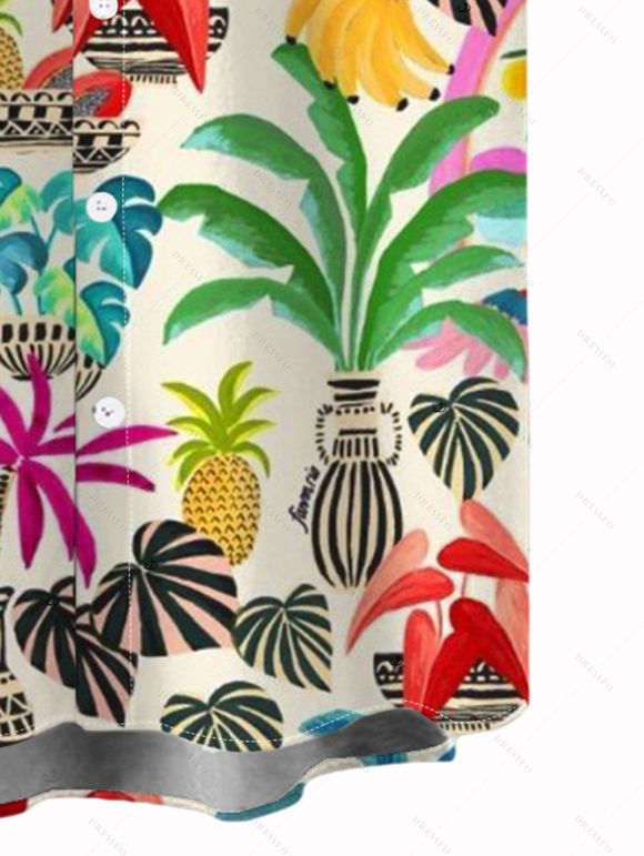 Vacation Couple Outfit Colored Coconut Tree Pineapple Print Ruched Dress and Shirt Set - multicolor A S | US 4