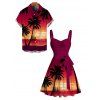 Vacation Couple Outfit Coconut Tree Sunset Print Ruched Belt Dress and Shirt Set - Grenade rouge S | US 4