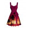 Vacation Couple Outfit Coconut Tree Sunset Print Ruched Belt Dress and Shirt Set - Grenade rouge S | US 4