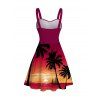 Vacation Couple Outfit Coconut Tree Sunset Print Ruched Belt Dress and Shirt Set - Grenade rouge S | US 4