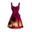 Robe de vacances imprimée coucher de soleil sur un cocotier avec ceinture froncée - Grenade rouge XXXXXL | US 20