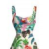 Vacation Couple Outfit Colored Coconut Tree Pineapple Print Ruched Dress and Shirt Set - multicolor A S | US 4