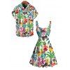 Vacation Couple Outfit Colored Coconut Tree Pineapple Print Ruched Dress and Shirt Set - multicolor A S | US 4