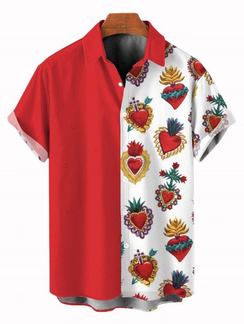 Chemise de vacances pour homme, chemise boutonnée à imprimé cœur contrasté