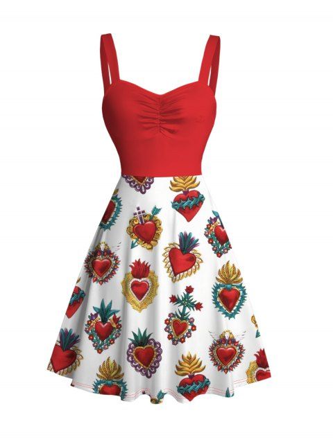 Robe de vacances bicolore à imprimé cœur et buste froncé