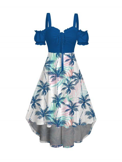 Robe de vacances imprimée feuilles de cocotier, à volants et épaules dénudées. Robe asymétrique à ourlet arrondi.