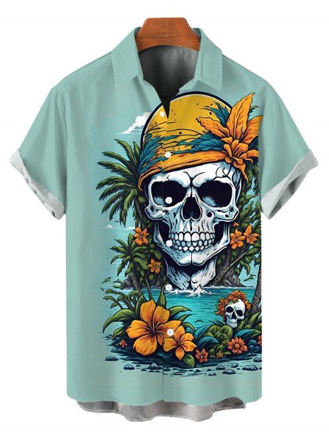 Chemise de vacances pour homme à imprimé crâne, fleurs et feuilles, style paysage, boutonnée