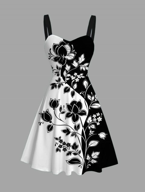 Robe de vacances à imprimé floral et feuilles contrasté, buste froncé