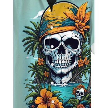 Men's Vacation Shirt Skull Flower Leaf Landscape Print Button Up Shirt