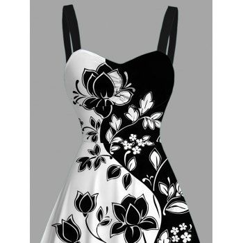 Vacation Dress Flower Leaf Print Contrast Color Ruched Bust Dress