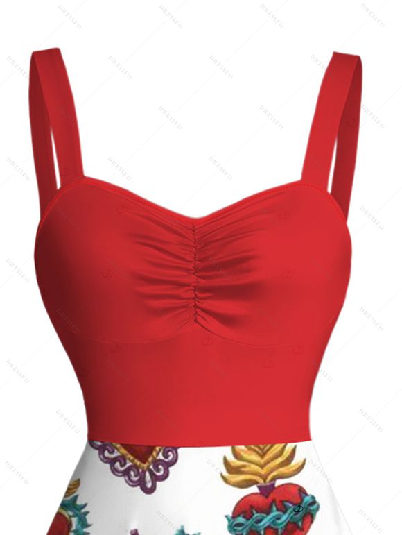 Robe de vacances bicolore à imprimé cœur et buste froncé - Rouge XXL | US 14
