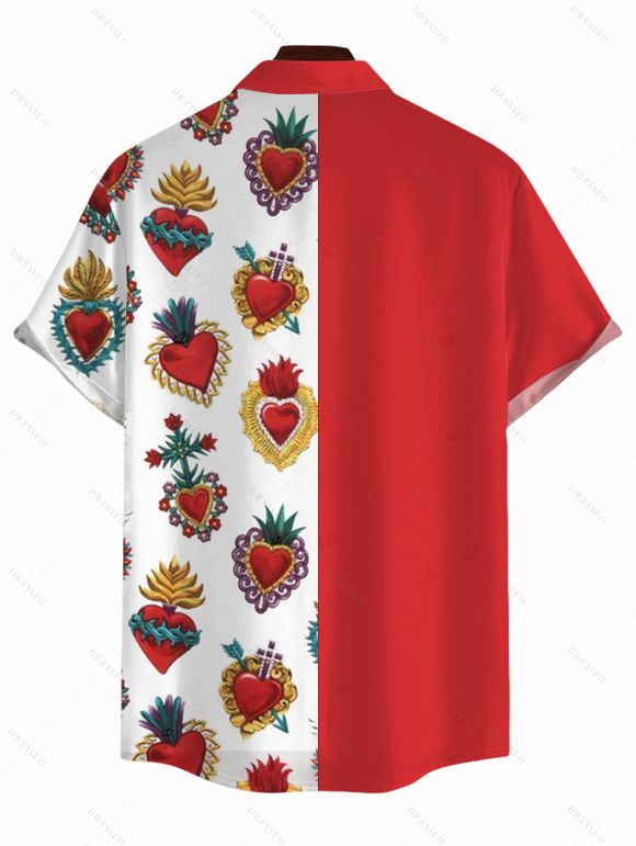 Chemise de vacances pour homme, chemise boutonnée à imprimé cœur contrasté - Rouge L