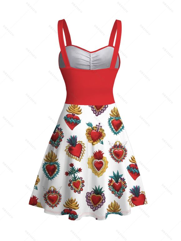 Vacation Couple Outfit Contrast Color Heart Print Ruched Dress and Shirt Set - Rouge S | US 4