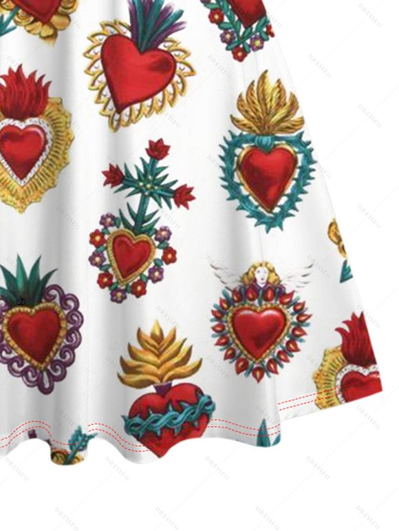 Vacation Couple Outfit Contrast Color Heart Print Ruched Dress and Shirt Set - Rouge S | US 4