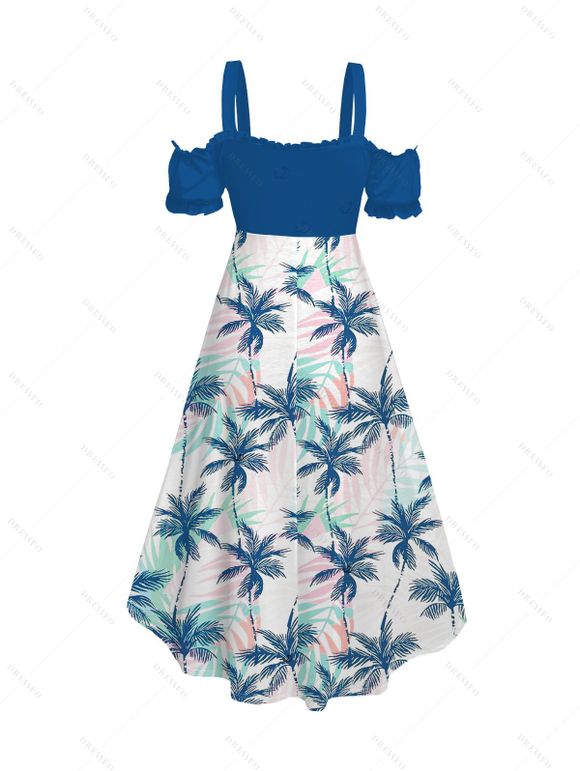Vacation Couple Outfit Coconut Tree Leaf Print Cold Shoulder Dress and Shirt Set - Bleu clair S | US 4