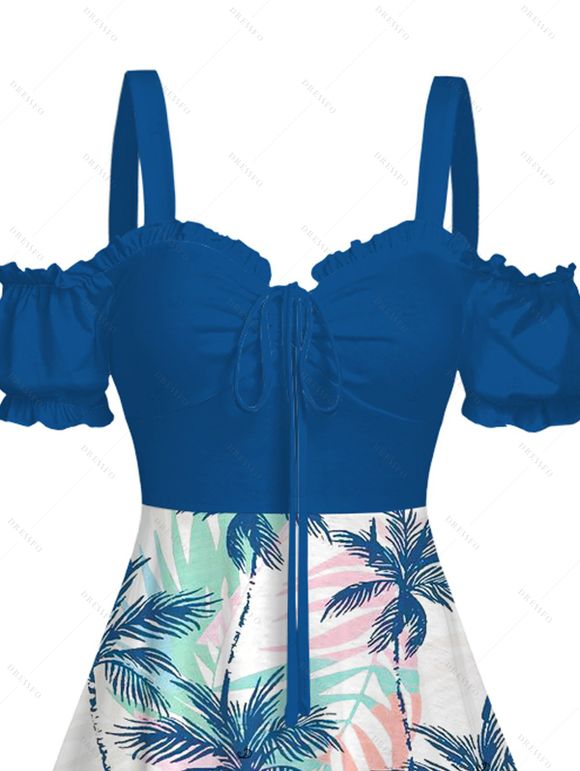 Vacation Couple Outfit Coconut Tree Leaf Print Cold Shoulder Dress and Shirt Set - Bleu clair S | US 4