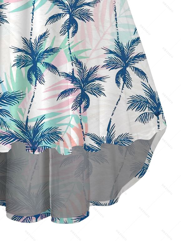 Vacation Couple Outfit Coconut Tree Leaf Print Cold Shoulder Dress and Shirt Set - Bleu clair S | US 4