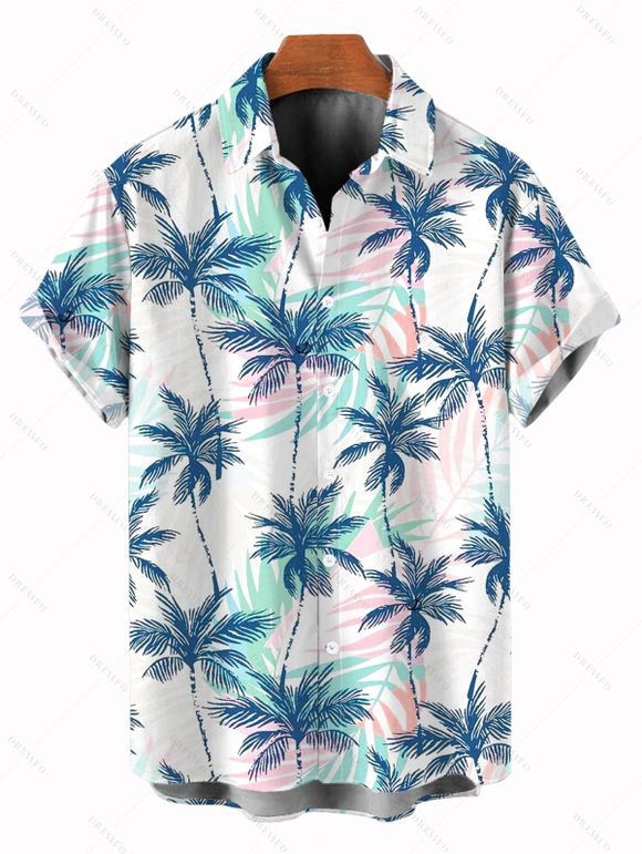 Vacation Couple Outfit Coconut Tree Leaf Print Cold Shoulder Dress and Shirt Set - Bleu clair S | US 4