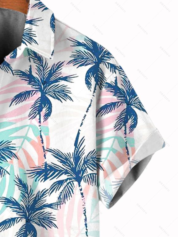 Vacation Couple Outfit Coconut Tree Leaf Print Cold Shoulder Dress and Shirt Set - Bleu clair S | US 4