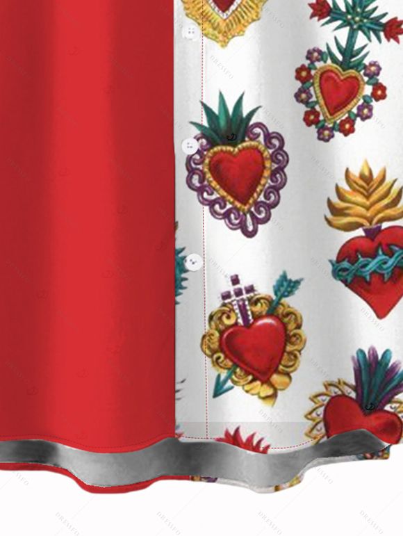 Vacation Couple Outfit Contrast Color Heart Print Ruched Dress and Shirt Set - Rouge S | US 4