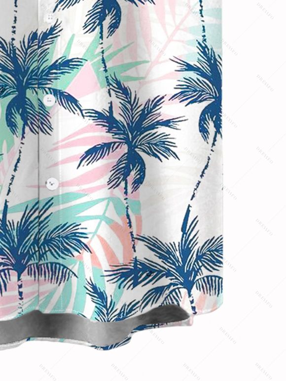 Vacation Couple Outfit Coconut Tree Leaf Print Cold Shoulder Dress and Shirt Set - Bleu clair S | US 4