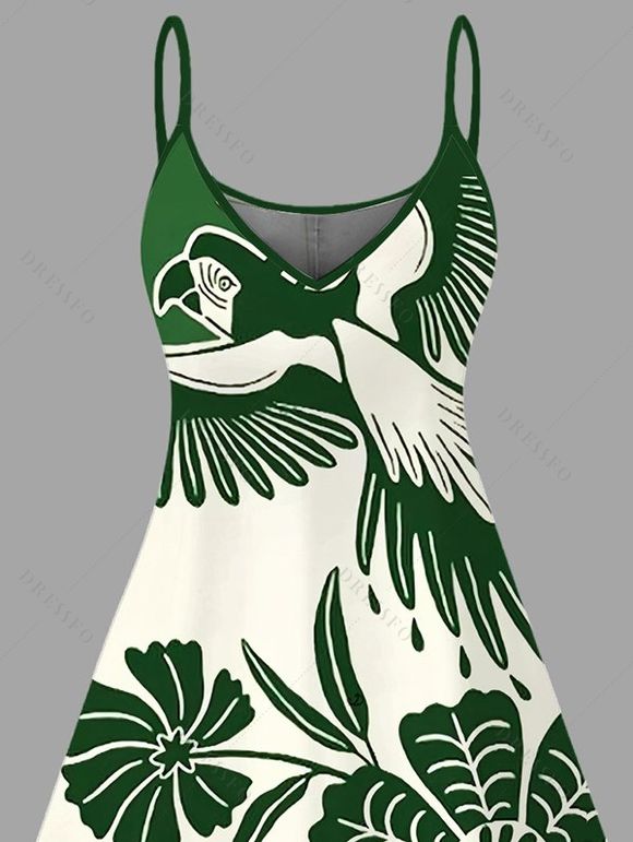 Robe de vacances à imprimé floral et feuilles, robe à bretelles spaghetti colorblock - PLANT GREEN XXXXXL | US 20