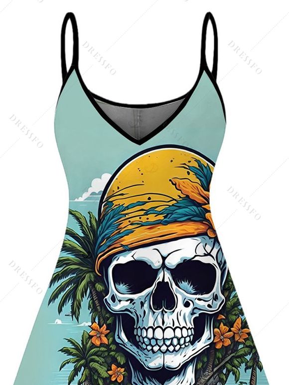 Robe de vacances à imprimé crâne, fleurs et feuilles, bretelles spaghetti - Turquoise XXL | US 14