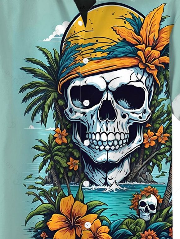 Chemise de vacances pour homme à imprimé crâne, fleurs et feuilles, style paysage, boutonnée - Turquoise 2XL