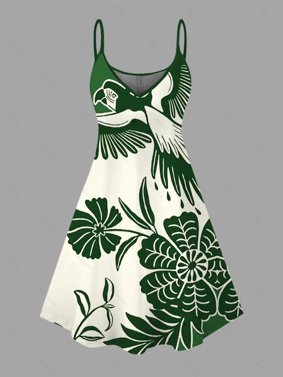 Vacation Couple Outfit Colorblock Flower Leaf Print Dress and Shirt Set - PLANT GREEN S | US 4