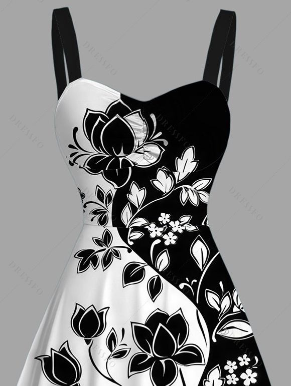 Robe de vacances à imprimé floral et feuilles, couleur contrastée, buste froncé - Noir XXXXXL | US 20