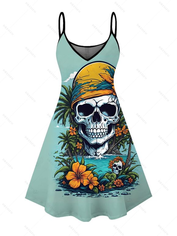 Vacation Couple Outfit Skull Flower Leaf Landscape Print Dress and Shirt Set - Turquoise S | US 4