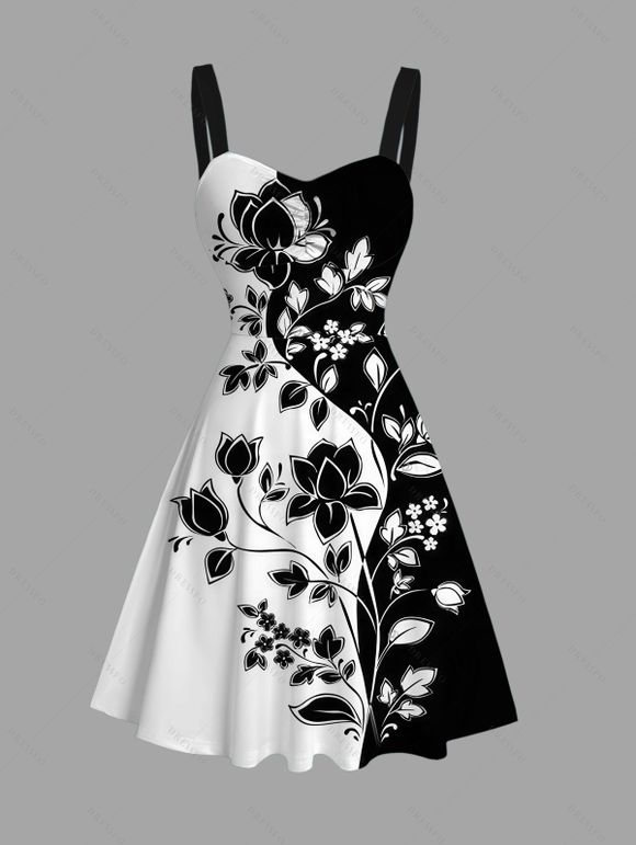 Vacation Couple Outfit Contrast Color Flower Leaf Print Dress and Shirt Set - Noir S | US 4