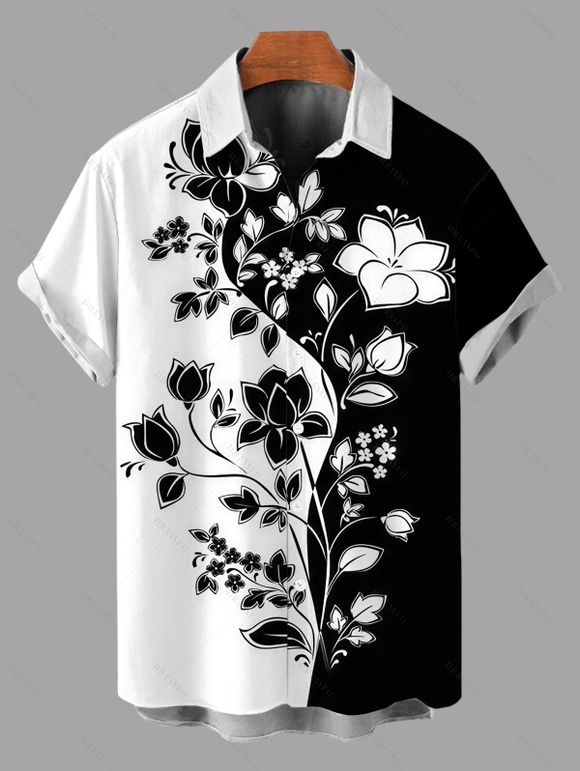 Vacation Couple Outfit Contrast Color Flower Leaf Print Dress and Shirt Set - Noir S | US 4