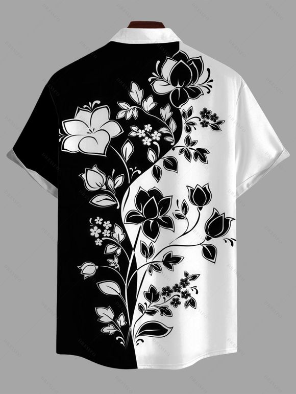 Chemise de vacances pour homme, imprimé fleurs et feuilles, couleur contrastée, boutonnée - Noir 3XL