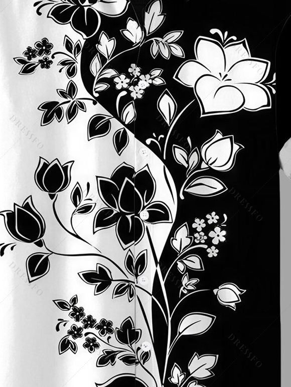Chemise de vacances pour homme, imprimé fleurs et feuilles, couleur contrastée, boutonnée - Noir 3XL