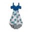 Robe de vacances imprimée feuilles de cocotier, à volants et épaules dénudées. Robe asymétrique à ourlet arrondi. - Bleu clair XL | US 12