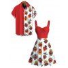 Vacation Couple Outfit Contrast Color Heart Print Ruched Dress and Shirt Set - Rouge S | US 4