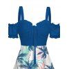 Vacation Couple Outfit Coconut Tree Leaf Print Cold Shoulder Dress and Shirt Set - Bleu clair S | US 4